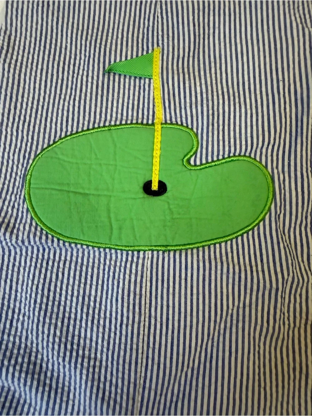Mudpie Baby Golf Bubble Romper 0-6M Seersucker Blue Stripe Applique VGUC